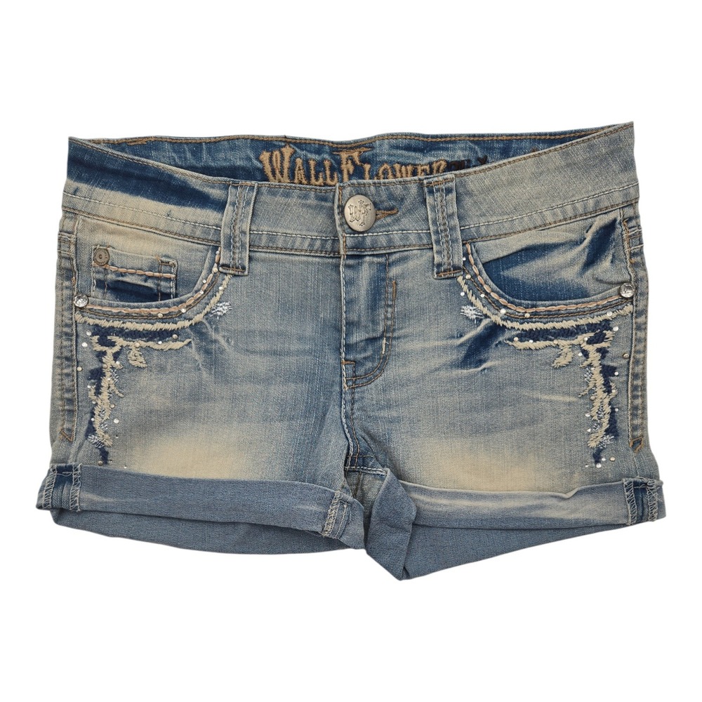 WALLFLOWER Womens Denim Shorts Embellished‎ Rhinestone Distressed Cuffed Size 7